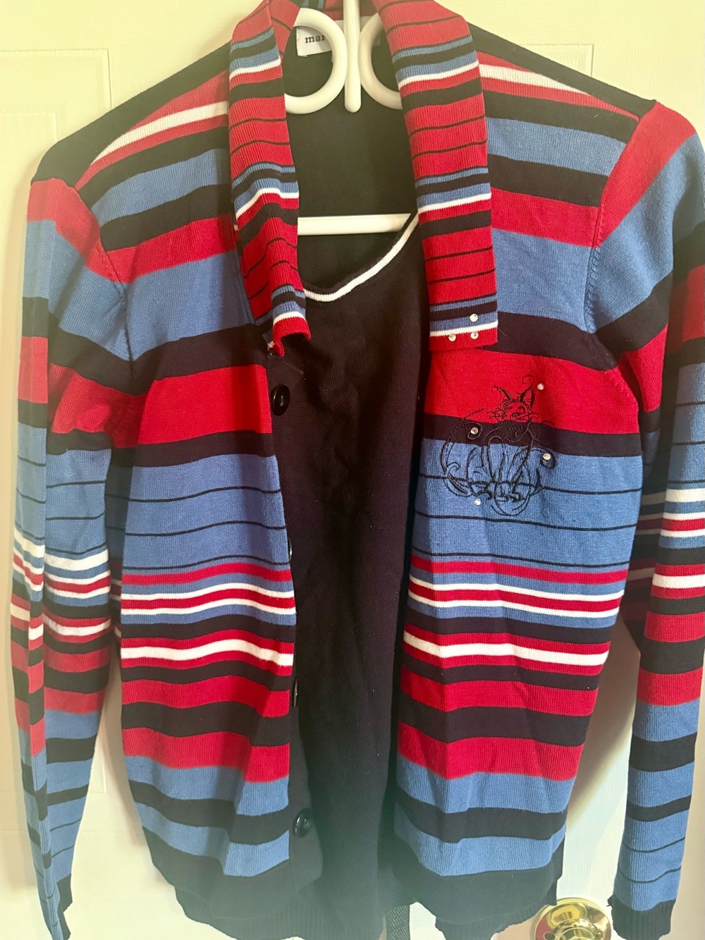 Striped Knit Cardigan with Embroidered Detail - Red, Blue, Black